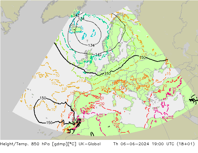 Height/Temp. 850 hPa UK-Global Th 06.06.2024 19 UTC