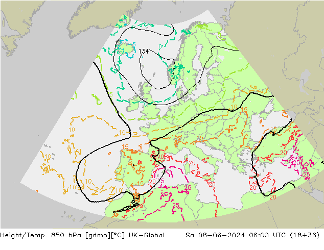 Height/Temp. 850 hPa UK-Global sab 08.06.2024 06 UTC