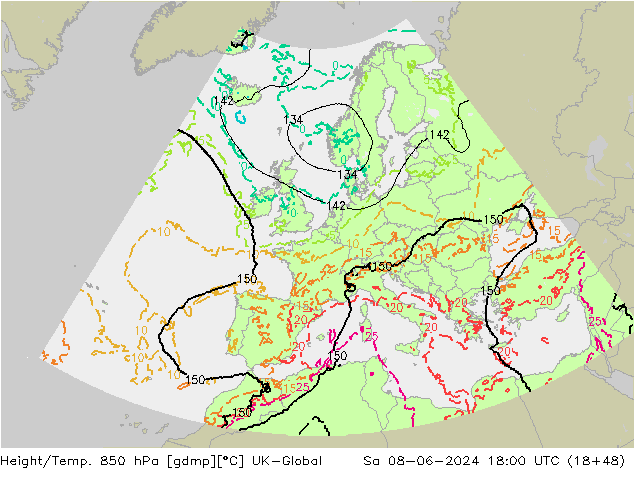 Height/Temp. 850 hPa UK-Global So 08.06.2024 18 UTC