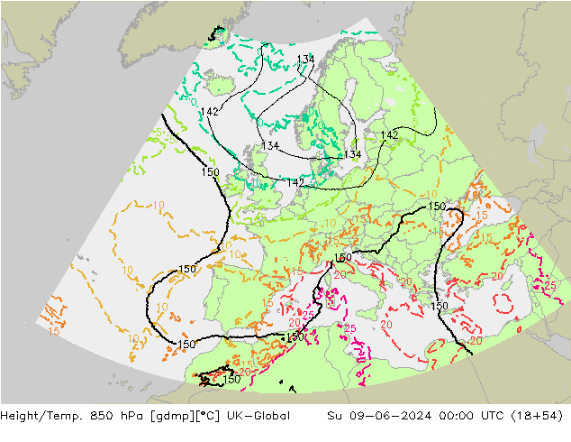 Height/Temp. 850 hPa UK-Global So 09.06.2024 00 UTC