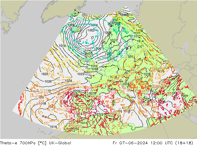 Theta-e 700hPa UK-Global Fr 07.06.2024 12 UTC
