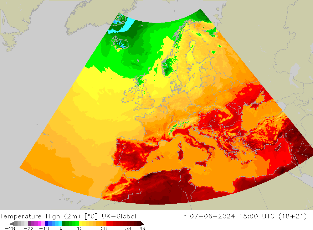 Temperature High (2m) UK-Global Fr 07.06.2024 15 UTC