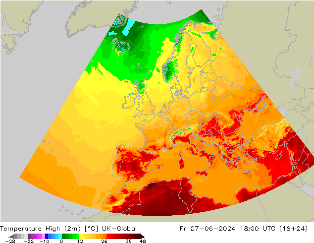Temperature High (2m) UK-Global Fr 07.06.2024 18 UTC