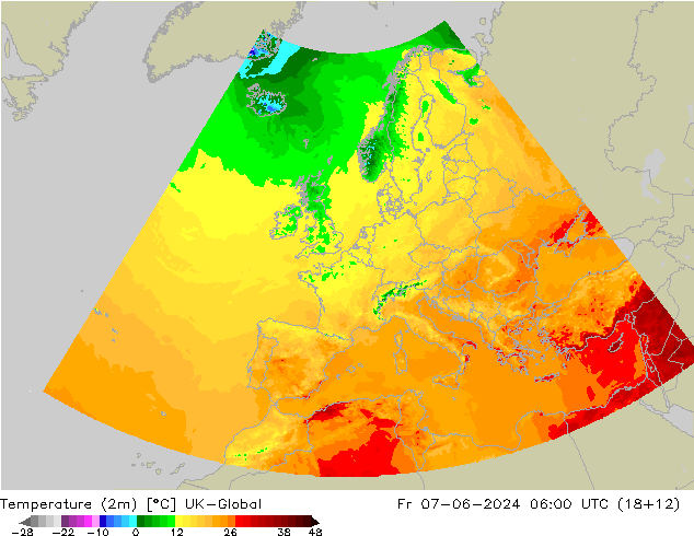 Temperatura (2m) UK-Global vie 07.06.2024 06 UTC