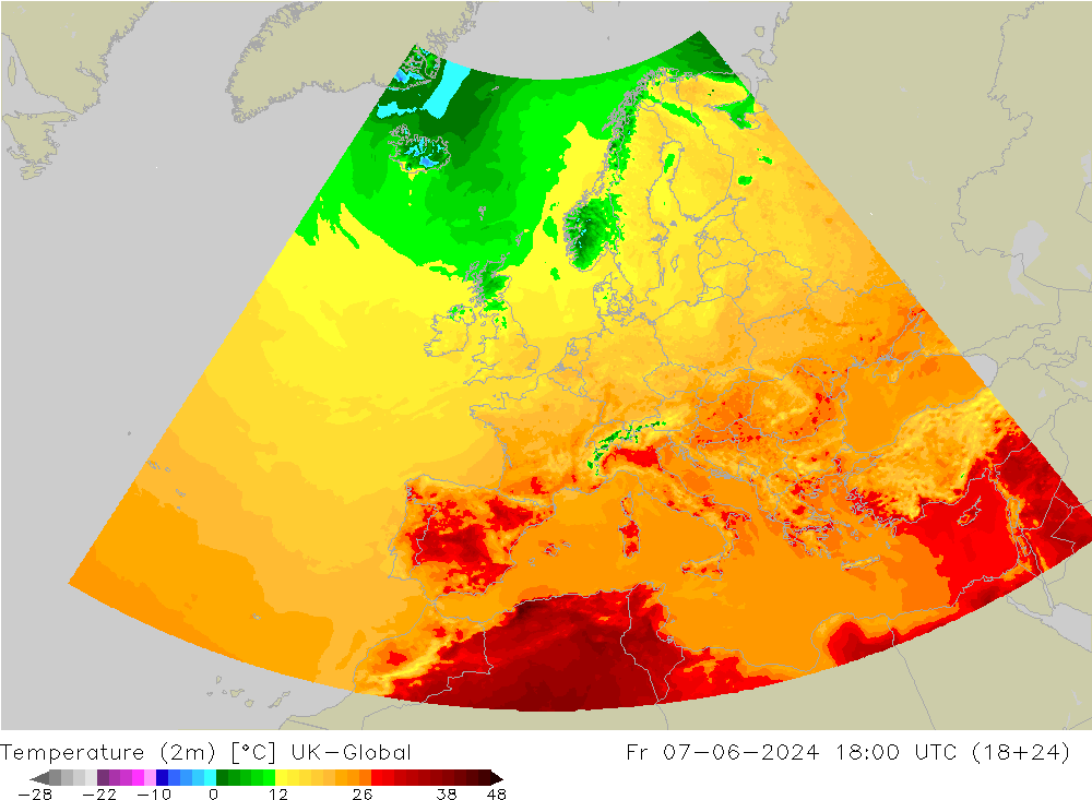 Temperatura (2m) UK-Global ven 07.06.2024 18 UTC