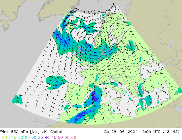 Wind 850 hPa UK-Global So 08.06.2024 12 UTC