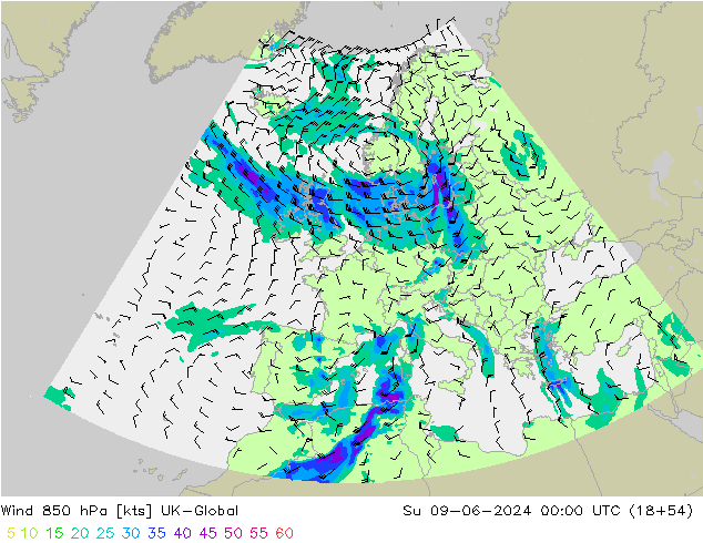 wiatr 850 hPa UK-Global nie. 09.06.2024 00 UTC