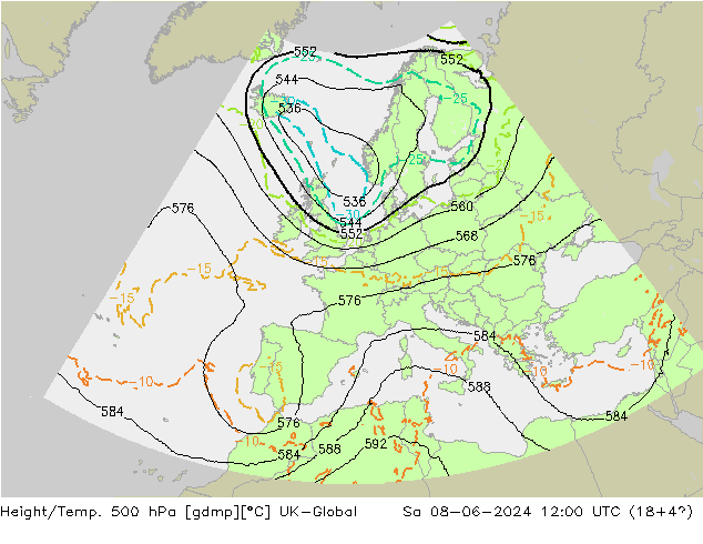 Height/Temp. 500 hPa UK-Global sab 08.06.2024 12 UTC