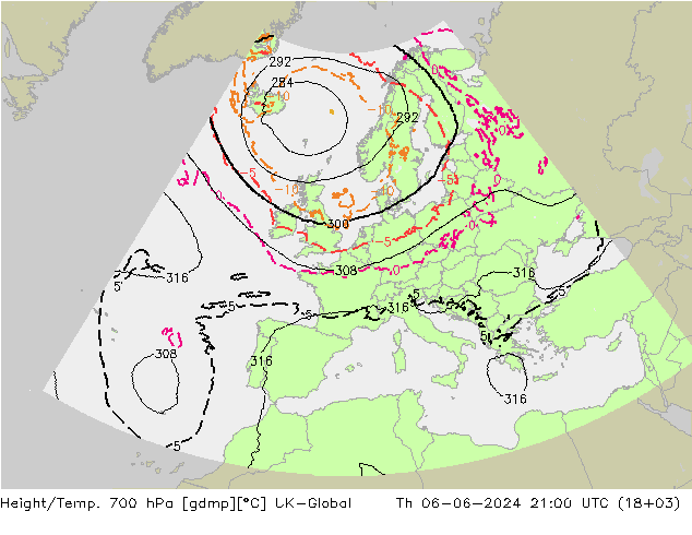 Height/Temp. 700 hPa UK-Global Qui 06.06.2024 21 UTC