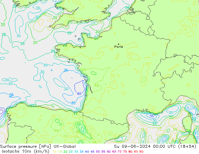 Isotachs (kph) UK-Global Dom 09.06.2024 00 UTC