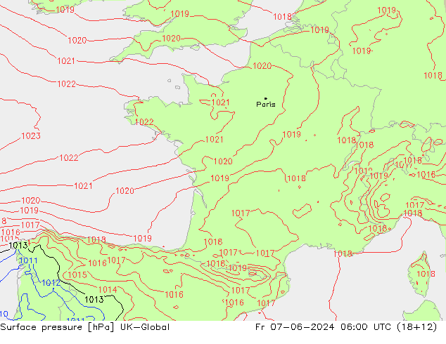 Pressione al suolo UK-Global ven 07.06.2024 06 UTC