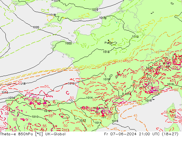 Theta-e 850гПа UK-Global пт 07.06.2024 21 UTC