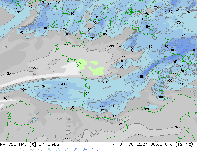 RH 850 hPa UK-Global Fr 07.06.2024 06 UTC