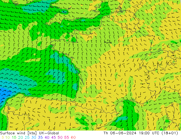 Surface wind UK-Global Čt 06.06.2024 19 UTC