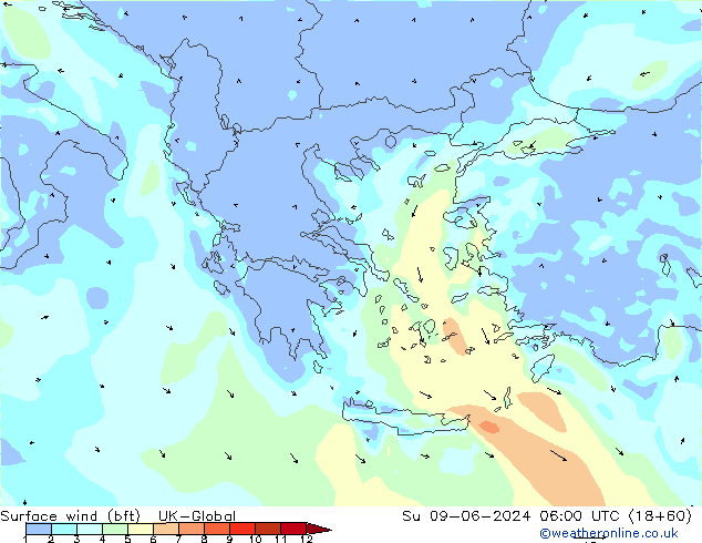 Surface wind (bft) UK-Global Ne 09.06.2024 06 UTC