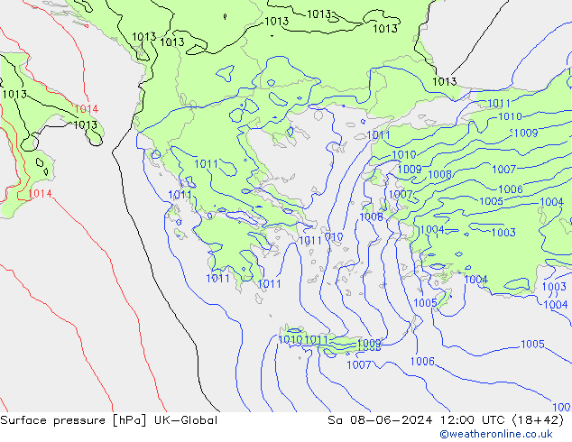 Presión superficial UK-Global sáb 08.06.2024 12 UTC