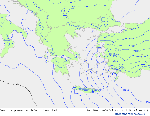 Pressione al suolo UK-Global dom 09.06.2024 06 UTC