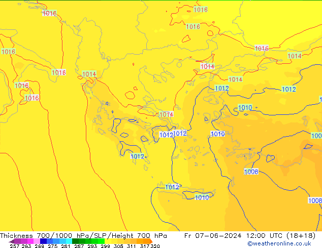 Thck 700-1000 гПа UK-Global пт 07.06.2024 12 UTC