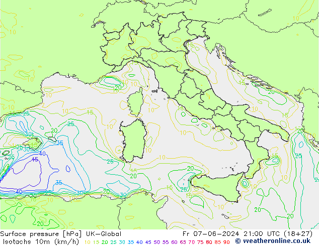 Isotachs (kph) UK-Global ven 07.06.2024 21 UTC