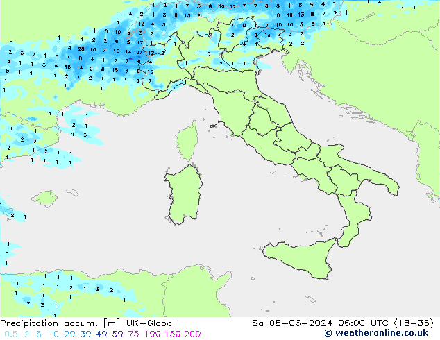 Precipitation accum. UK-Global Sáb 08.06.2024 06 UTC