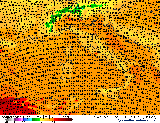 température 2m max UK-Global ven 07.06.2024 21 UTC