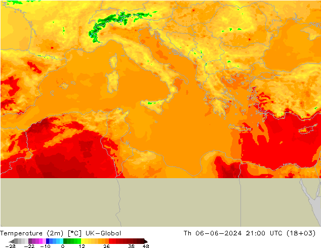 température (2m) UK-Global jeu 06.06.2024 21 UTC