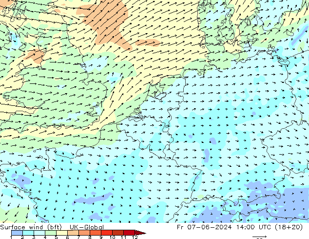 Wind 10 m (bft) UK-Global vr 07.06.2024 14 UTC