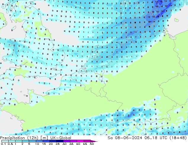 Precipitação (12h) UK-Global Sáb 08.06.2024 18 UTC