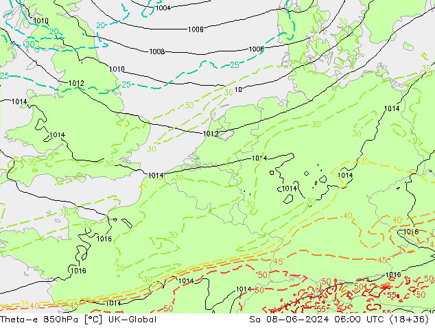 Theta-e 850hPa UK-Global Sa 08.06.2024 06 UTC