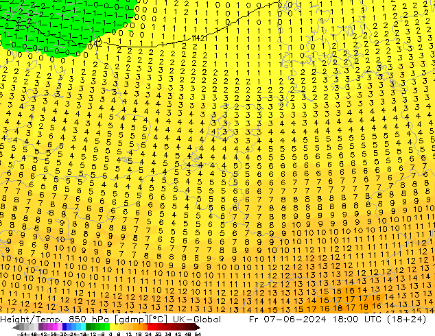 Height/Temp. 850 hPa UK-Global Fr 07.06.2024 18 UTC