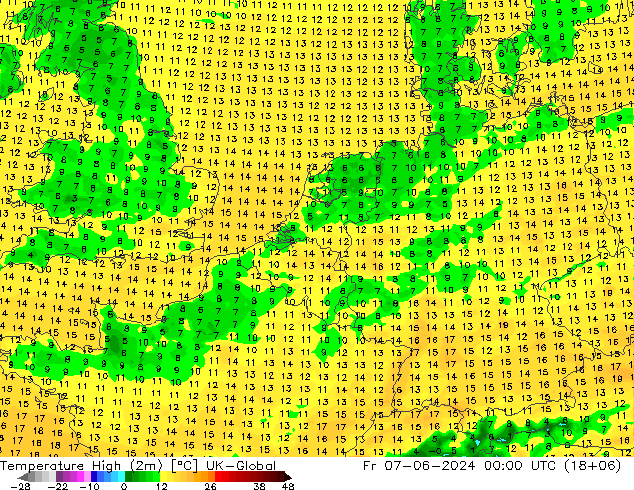 Max.temperatuur (2m) UK-Global vr 07.06.2024 00 UTC