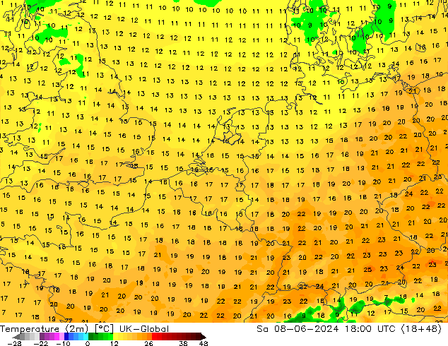 Temperatura (2m) UK-Global sáb 08.06.2024 18 UTC