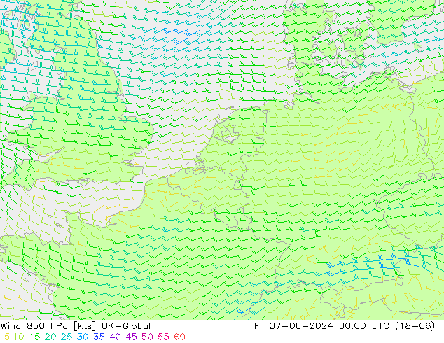 Wind 850 hPa UK-Global Fr 07.06.2024 00 UTC