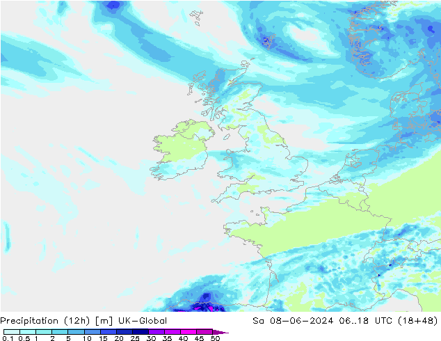 Precipitation (12h) UK-Global So 08.06.2024 18 UTC