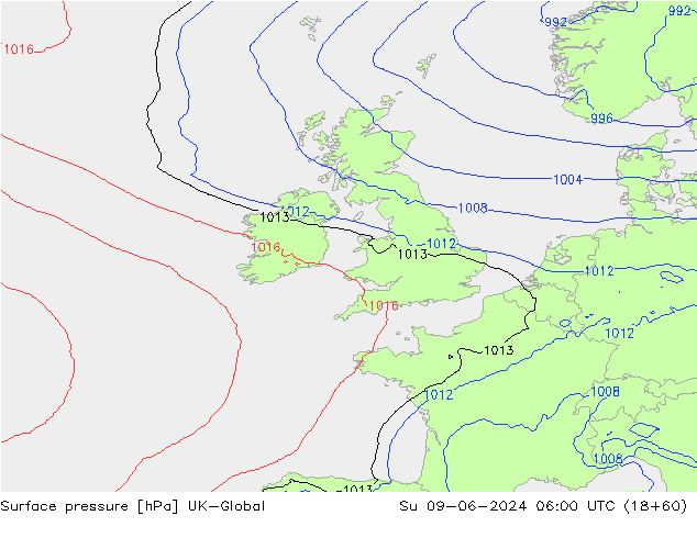 Surface pressure UK-Global Su 09.06.2024 06 UTC