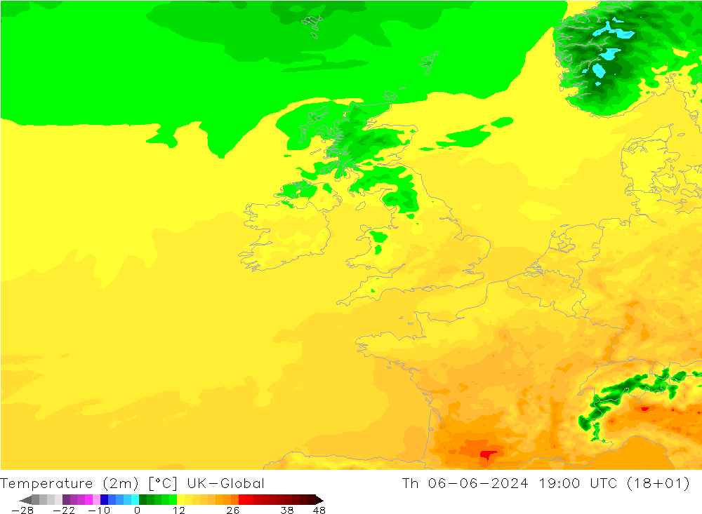 Temperatura (2m) UK-Global Qui 06.06.2024 19 UTC