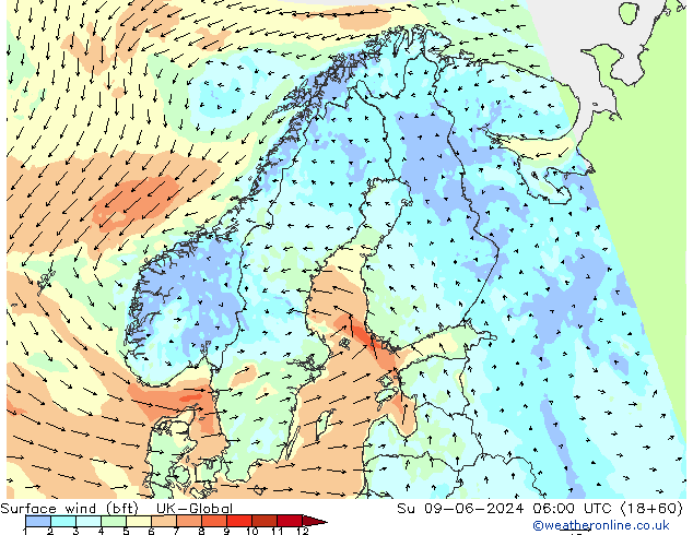 Surface wind (bft) UK-Global Su 09.06.2024 06 UTC