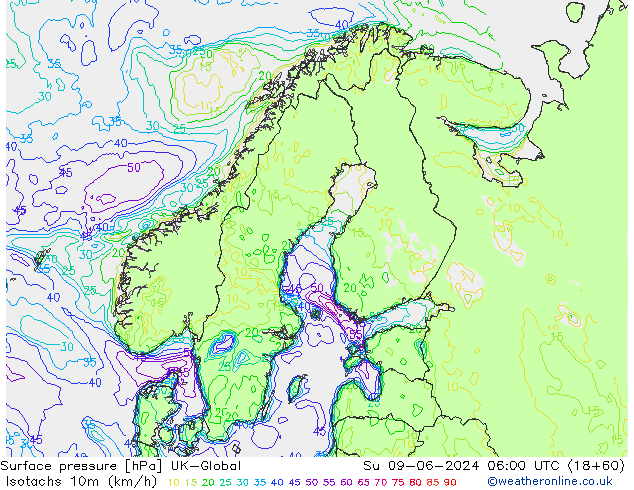 Isotachs (kph) UK-Global Su 09.06.2024 06 UTC