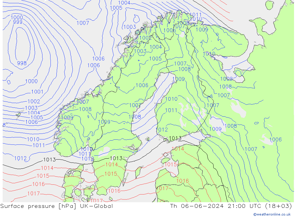 Presión superficial UK-Global jue 06.06.2024 21 UTC