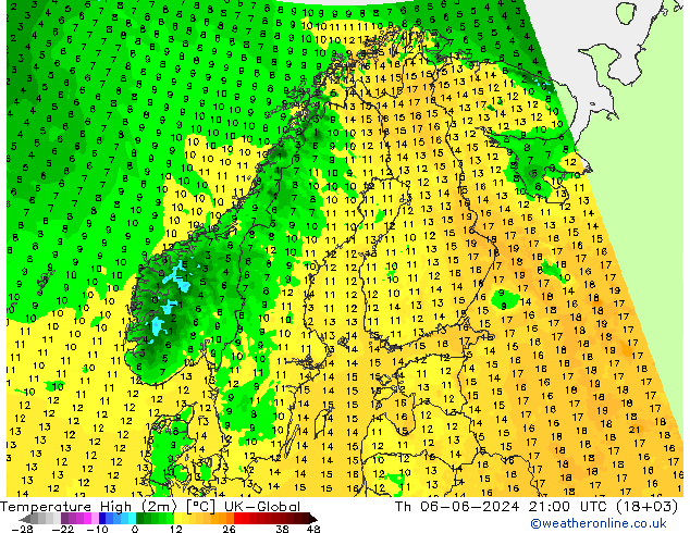 Temperatura máx. (2m) UK-Global jue 06.06.2024 21 UTC