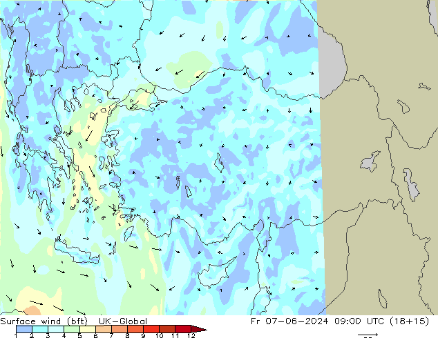 Rüzgar 10 m (bft) UK-Global Cu 07.06.2024 09 UTC
