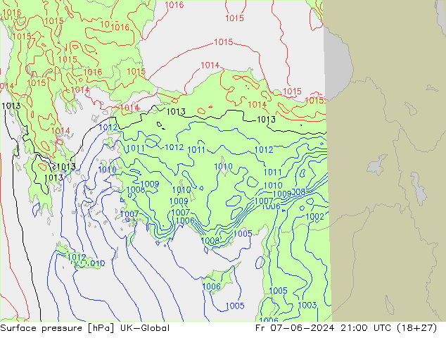 Atmosférický tlak UK-Global Pá 07.06.2024 21 UTC