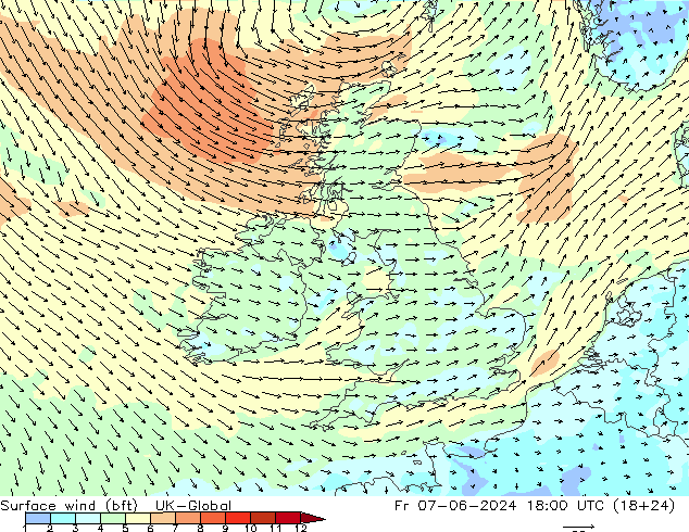 Surface wind (bft) UK-Global Pá 07.06.2024 18 UTC