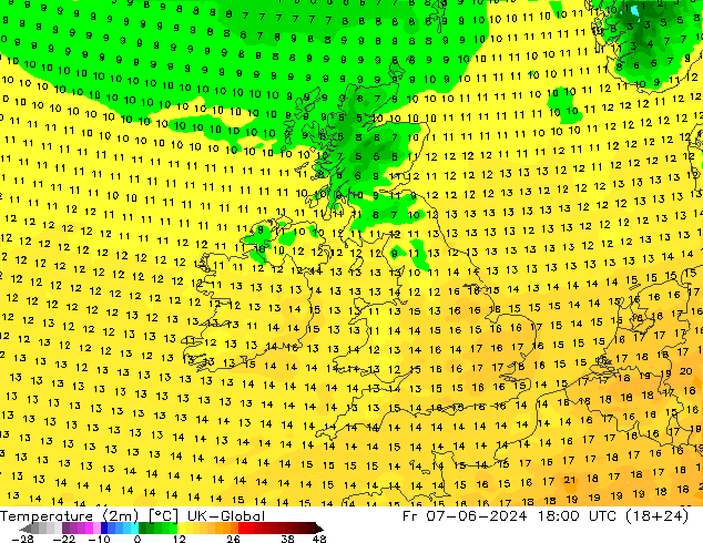 Temperature (2m) UK-Global Fr 07.06.2024 18 UTC