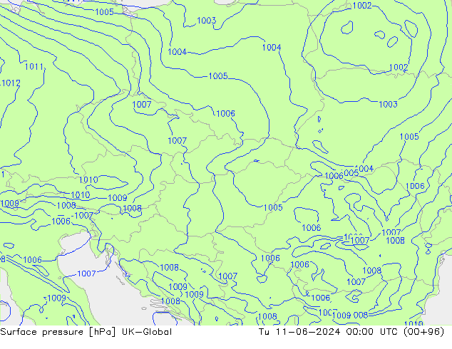 Surface pressure UK-Global Tu 11.06.2024 00 UTC