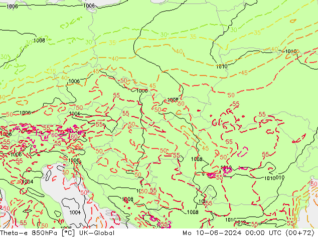 Theta-e 850hPa UK-Global Po 10.06.2024 00 UTC