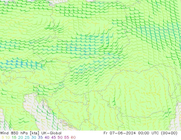 Wind 850 hPa UK-Global Fr 07.06.2024 00 UTC