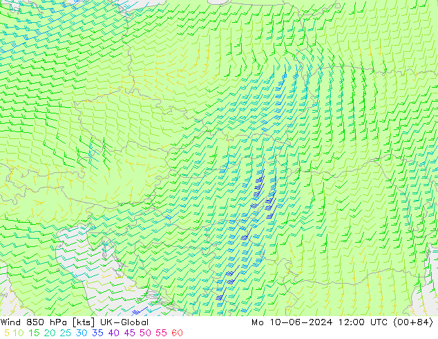 Wind 850 hPa UK-Global Po 10.06.2024 12 UTC