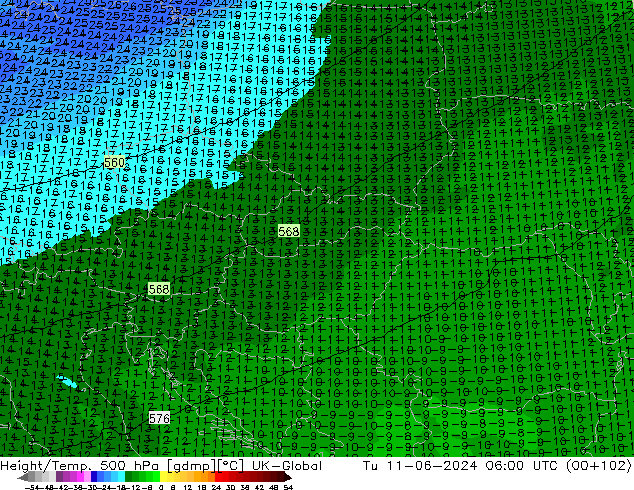 Height/Temp. 500 гПа UK-Global вт 11.06.2024 06 UTC