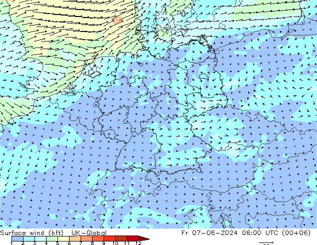 Vento 10 m (bft) UK-Global ven 07.06.2024 06 UTC